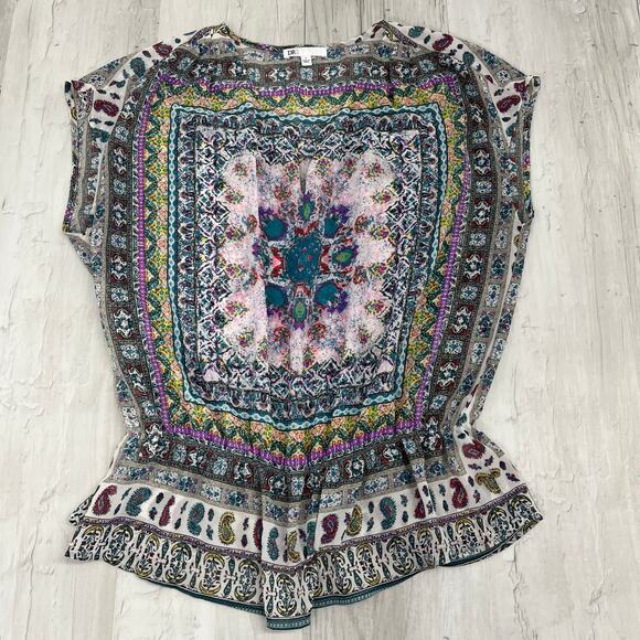 DR2 Sheer Colorful Geometric Pattern Lightweight V Neck Sleeveless Blouse Large - Picture 1 of 10